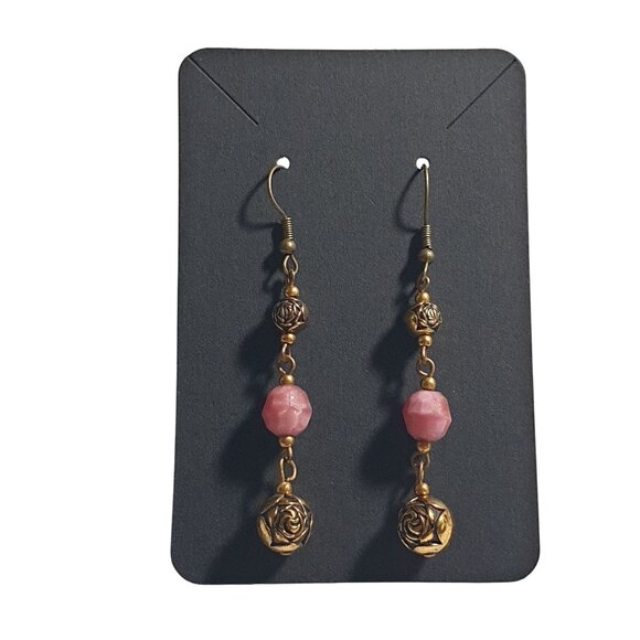 Rose Gold Tone Drop Earrings Pink Beaded Long Dangle Hook Lightweight Mom Gift - Picture 3 of 5